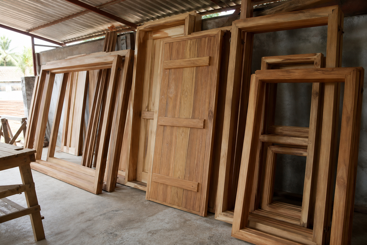 Unfinished wooden doors, windows and frames in a timber workshop
