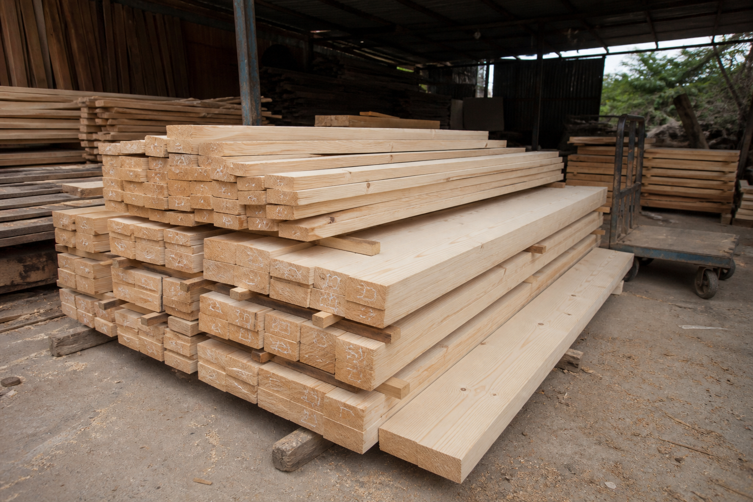 Fir wood boards in a timber yard