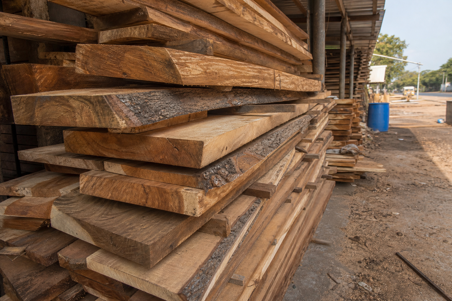 Mango wood boards at a South Indian timber yard