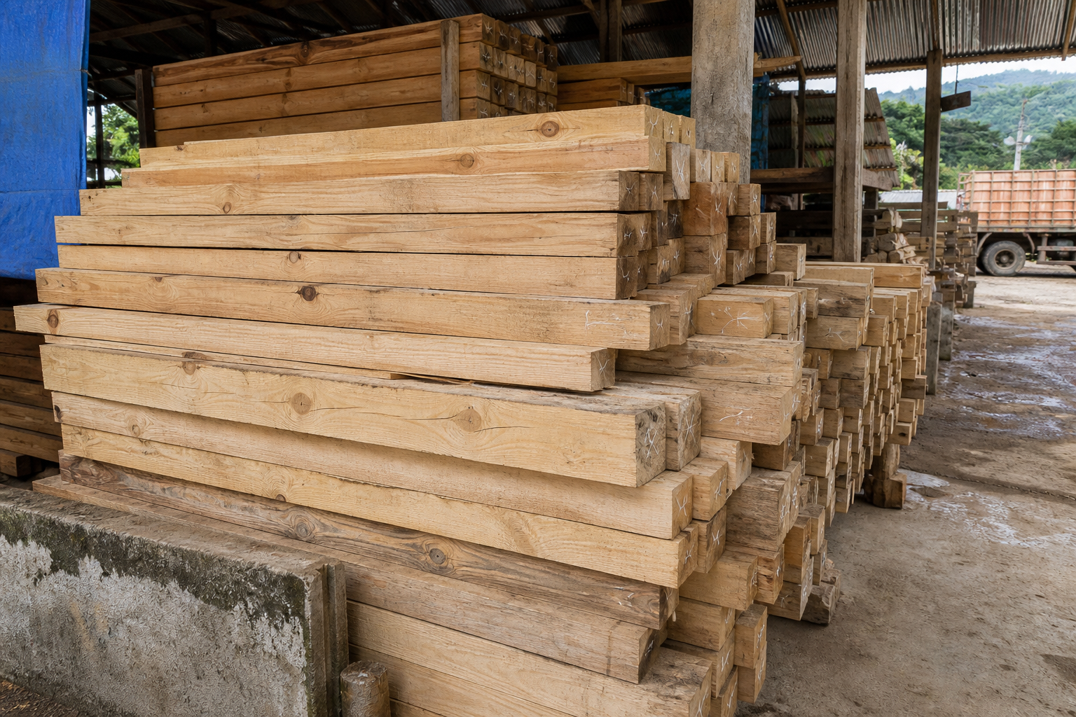 Pine wood beams stacked in an Indian timber depot