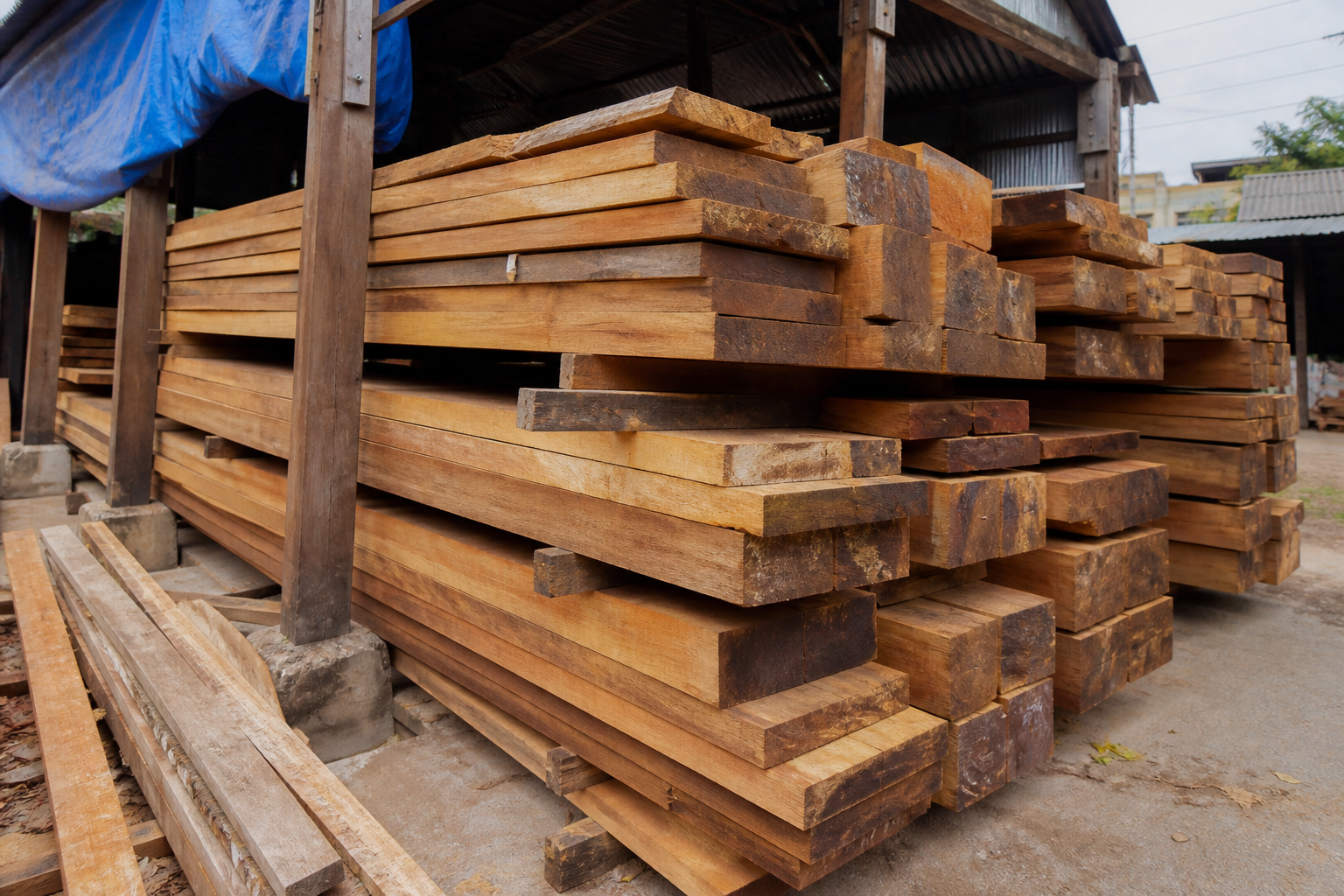 Teak wood stock in a covered timber depot