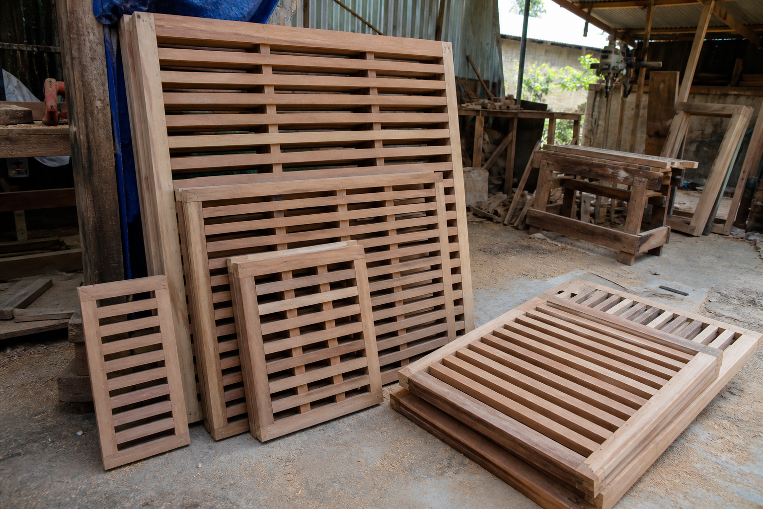 Wooden foot gratings in a timber workshop