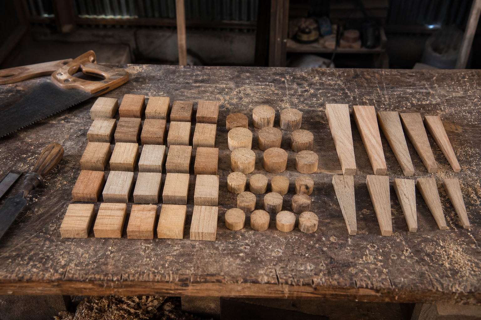 Square plugs, round plugs and wooden wedges on a workbench